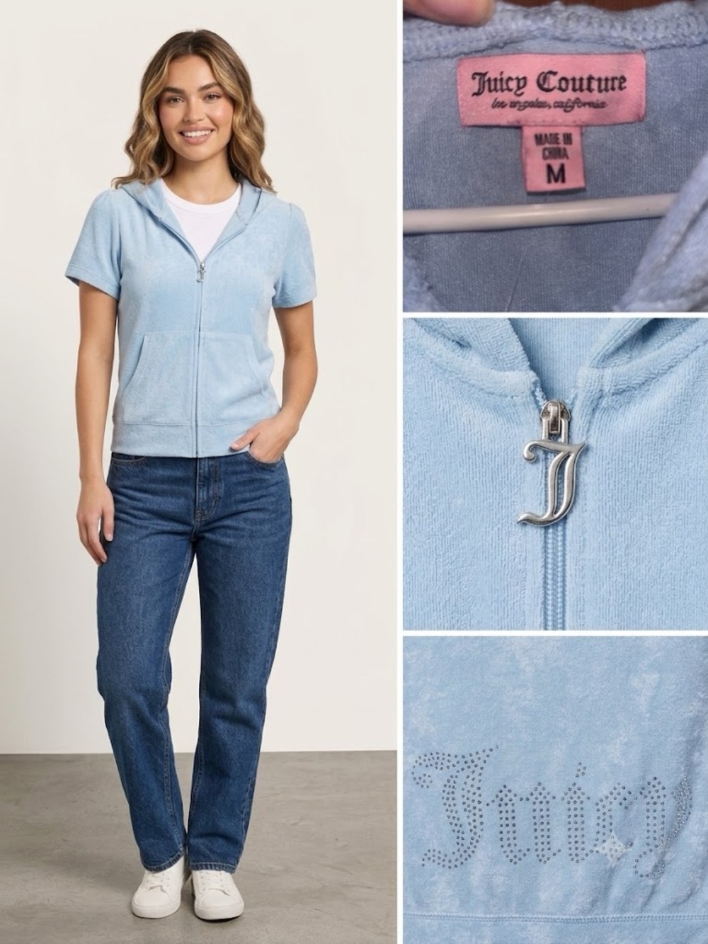 NWT Juicy Couture Blue Terry Cloth Hoodie Bedazzled Y2K Size M